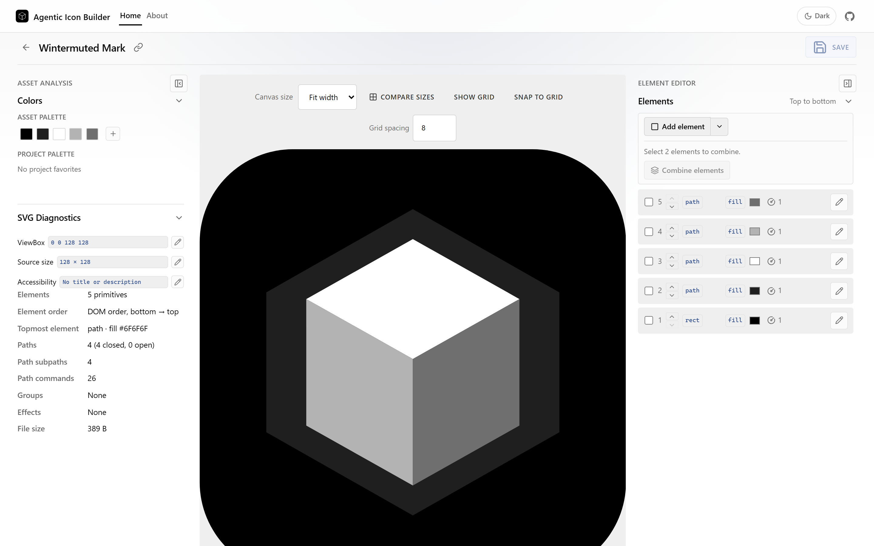 Asset editor showing SVG diagnostics, canvas, and the element editor layer list