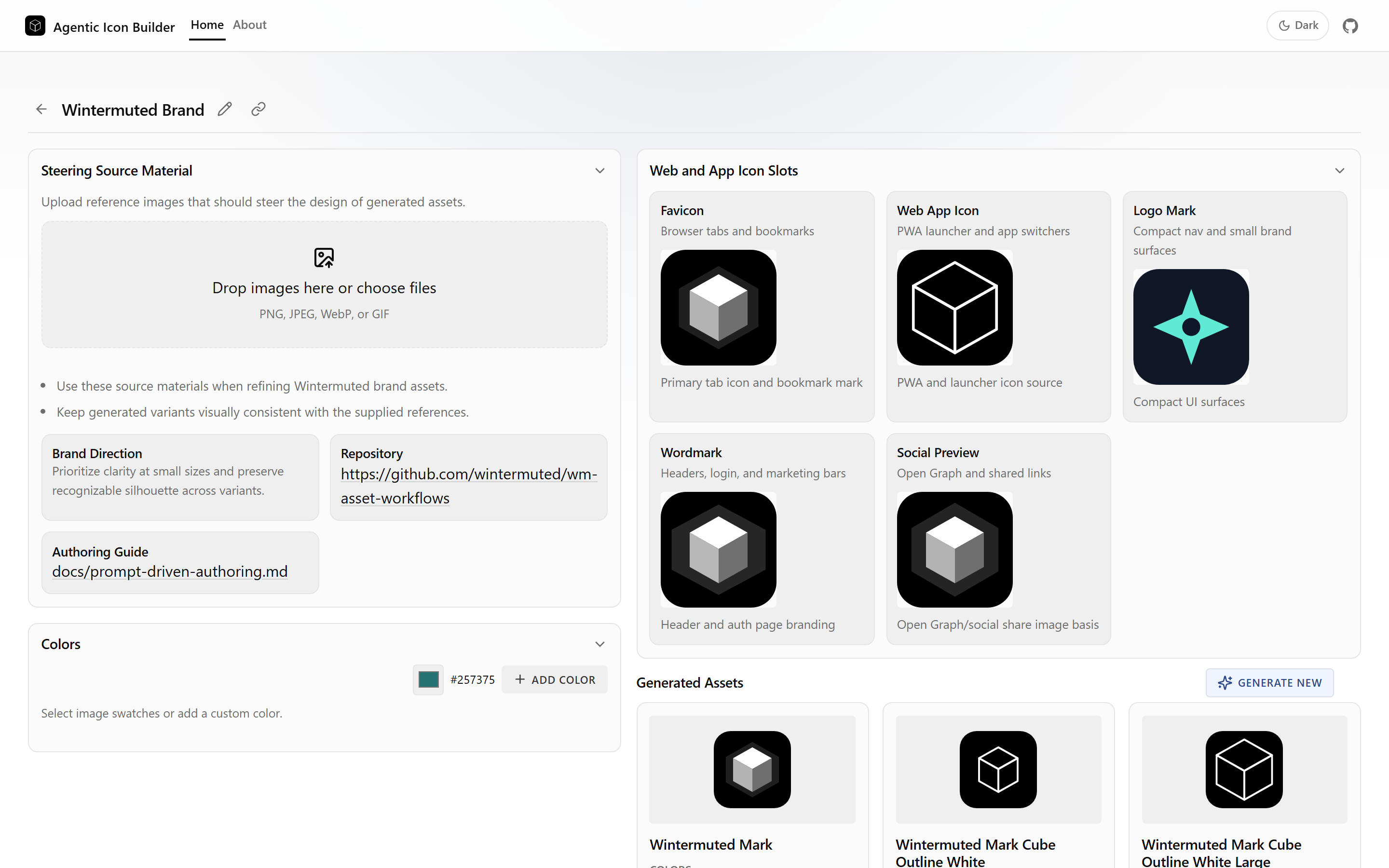 Project detail view with steering source material and web and app icon slots