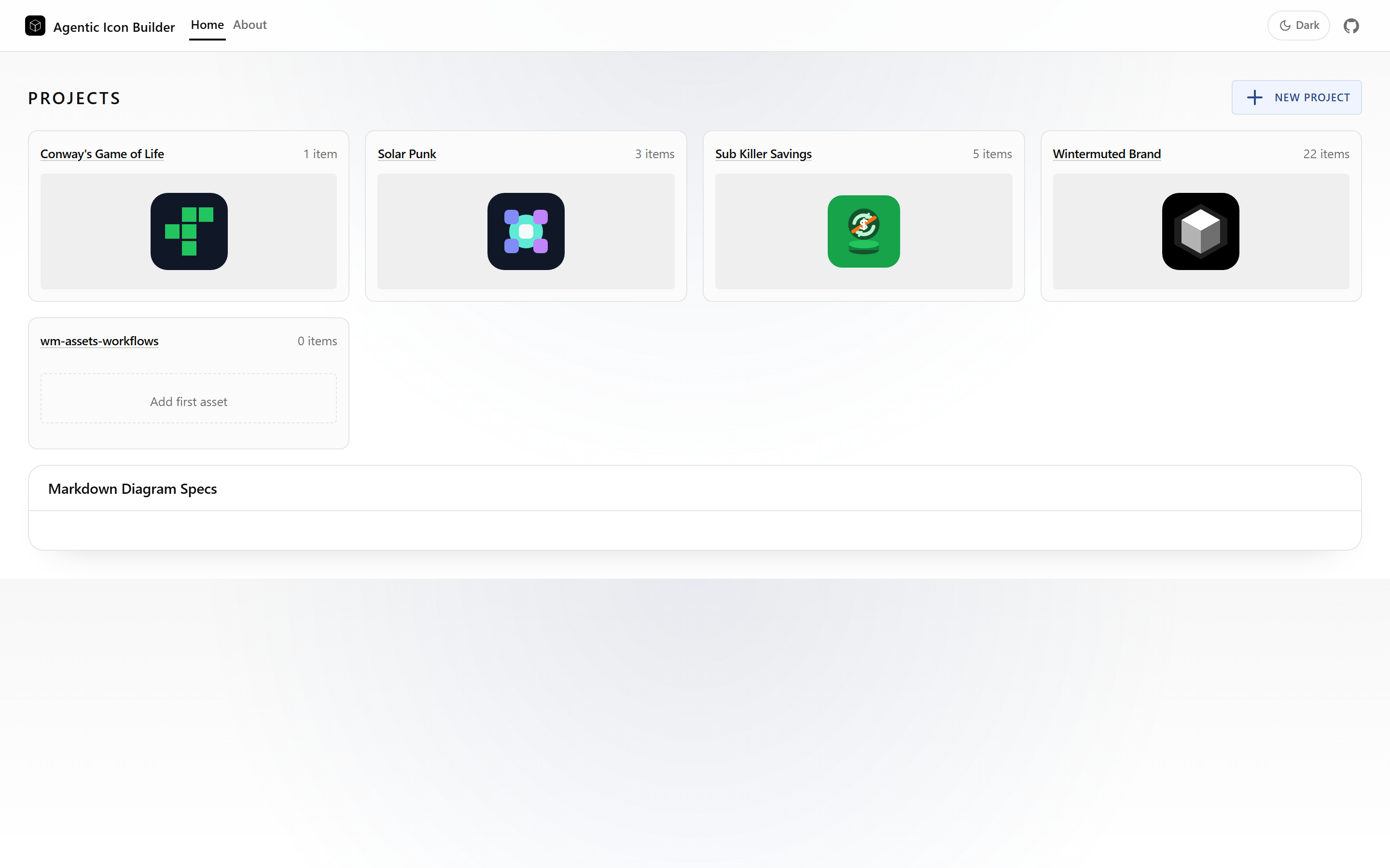 Agentic Icon Builder projects home showing project cards and asset counts