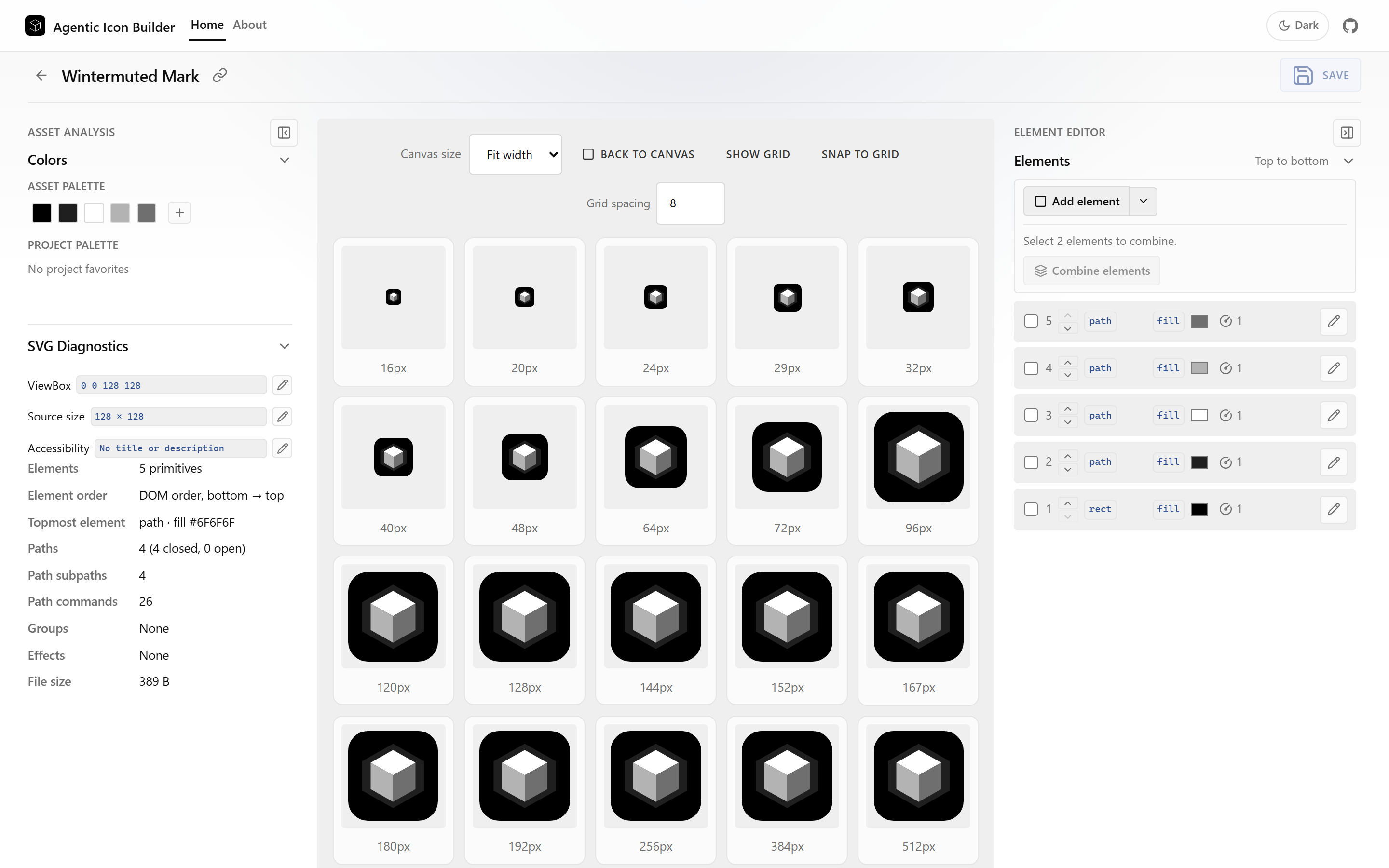 Size comparison grid rendering the same icon from 16px through 512px