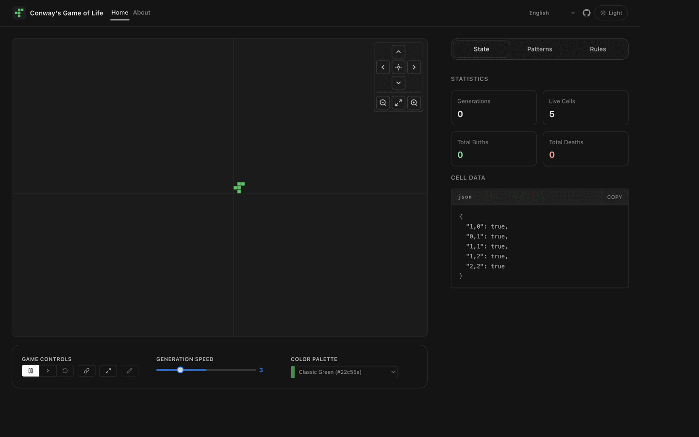 15-second animated Game of Life demo in dark mode showing simulation controls, live evolution, and panel switching