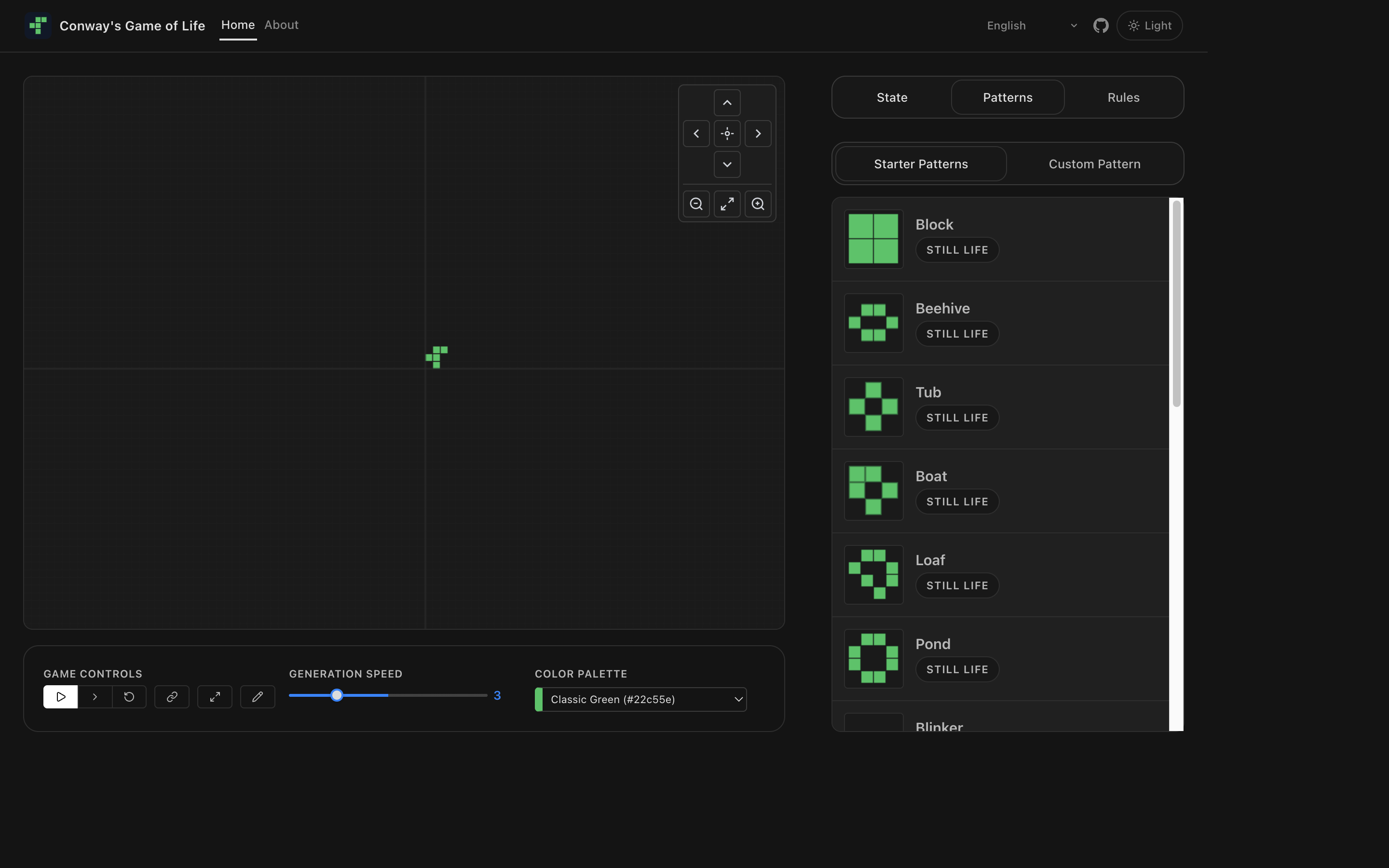 Game of Life in dark mode with the patterns tab open