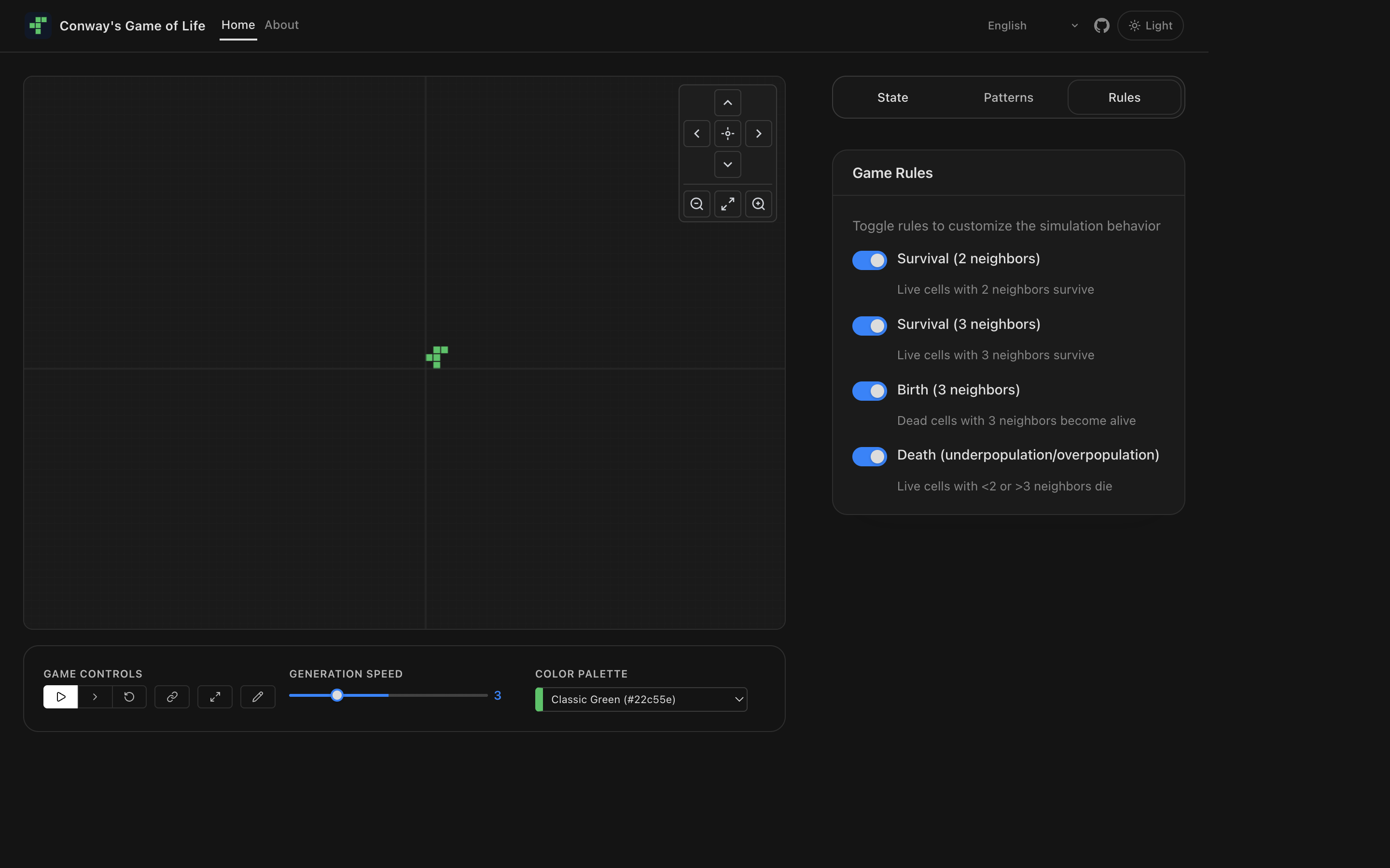 Game of Life in dark mode with the rules tab open
