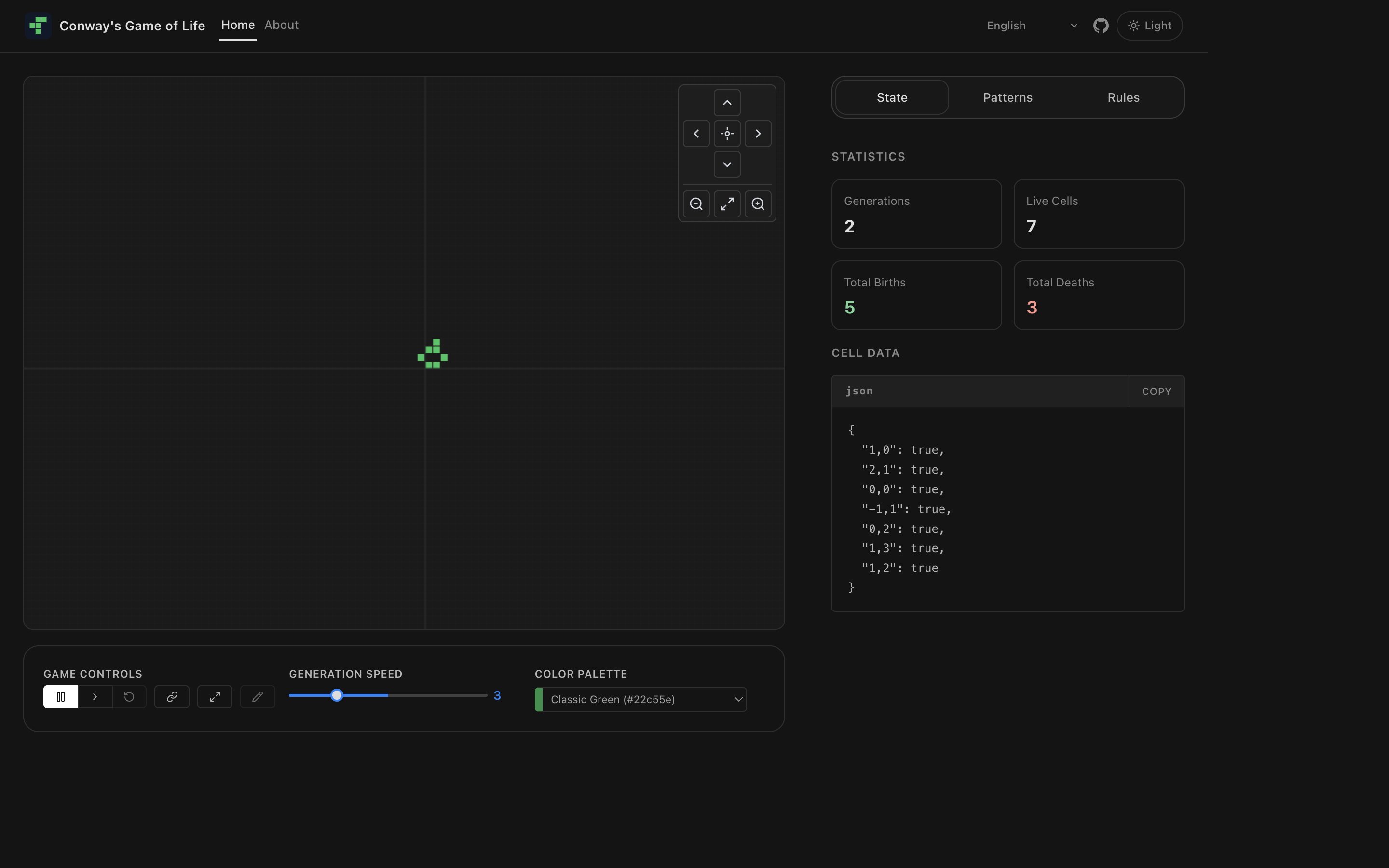 Game of Life in dark mode while simulation is running