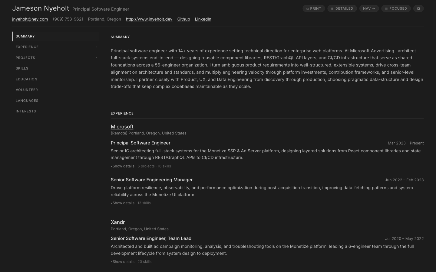 Close-up of the resume summary and experience sections with stronger hierarchy