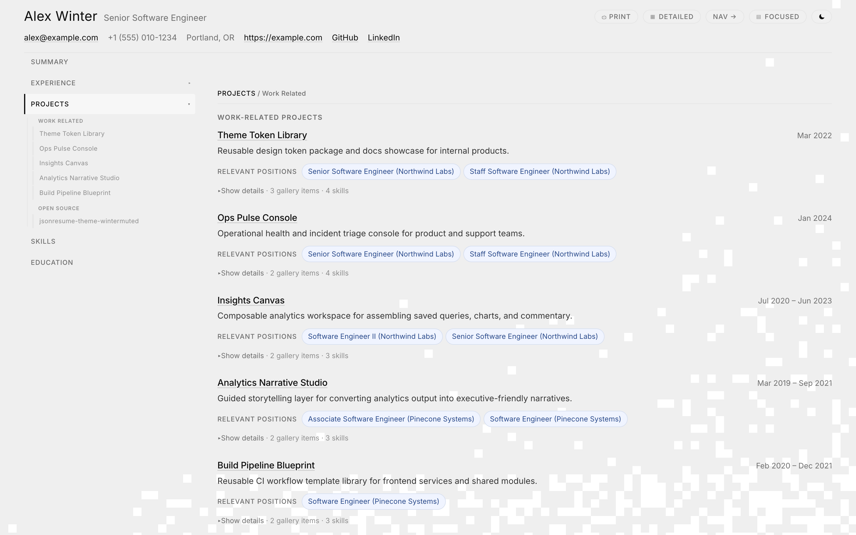Sample JSON Resume preview in dark mode focusing on the projects section and portfolio-style storytelling