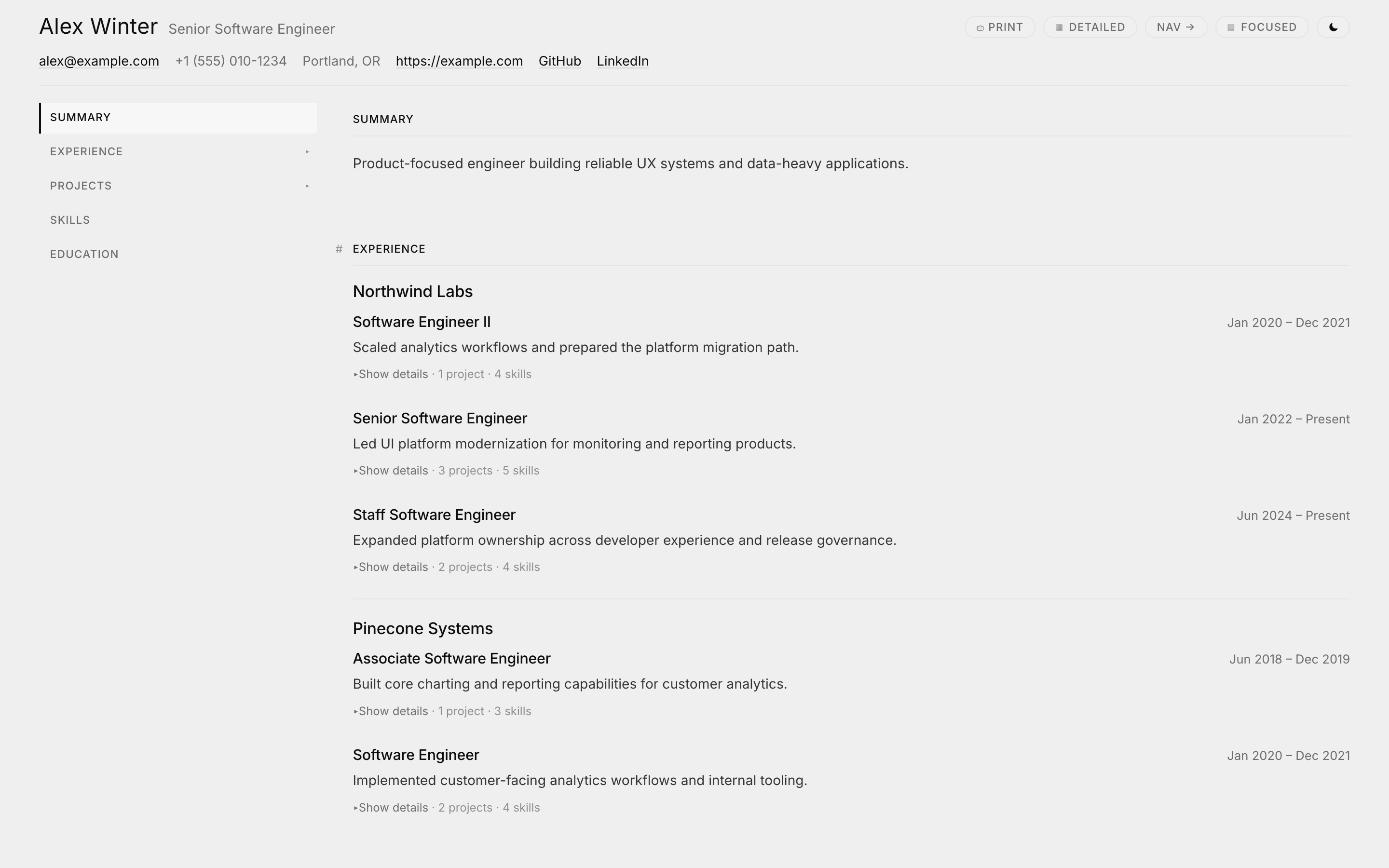 jsonresume-theme-wintermuted preview showing the resume summary and experience sections