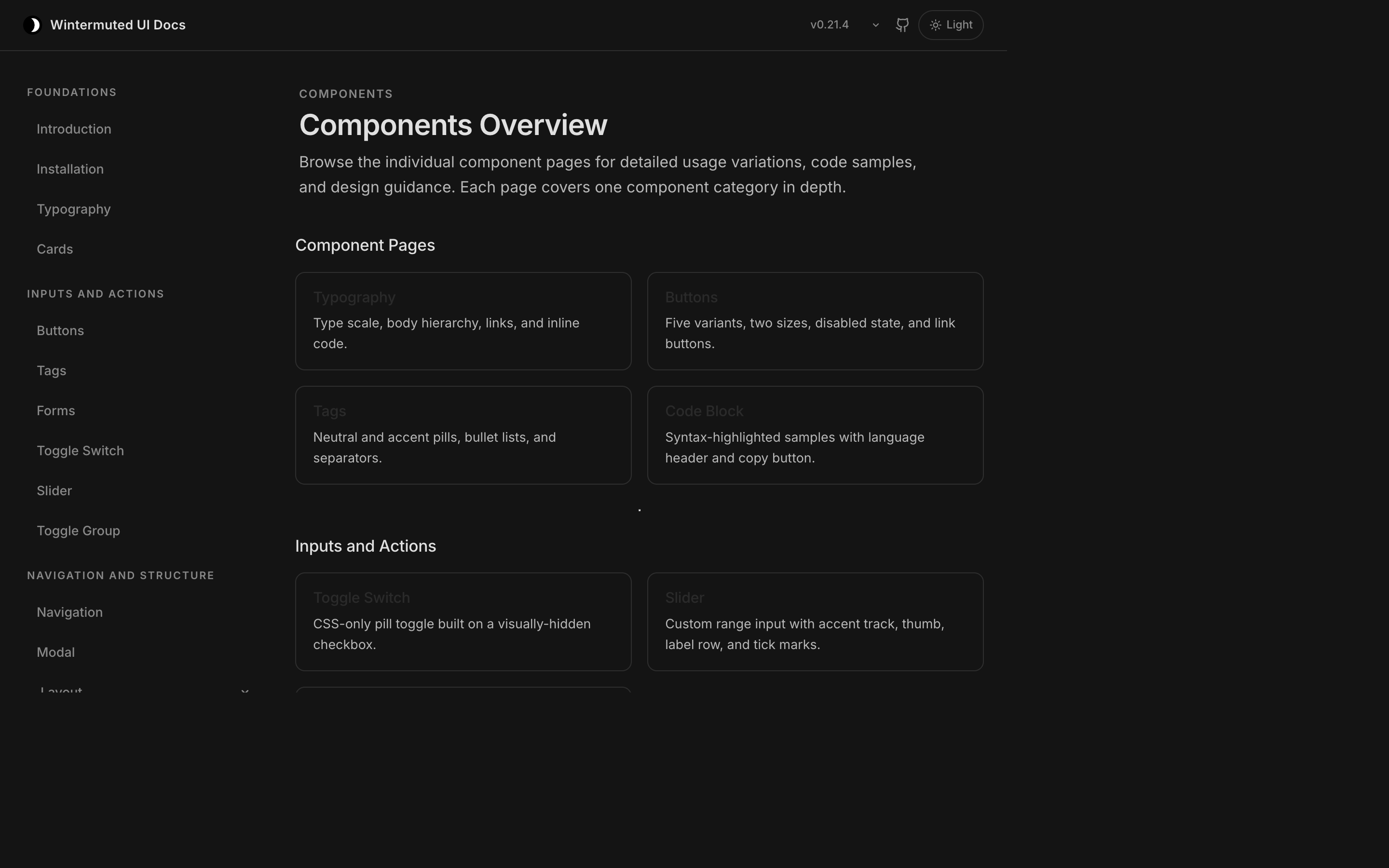 Wintermuted UI components overview page