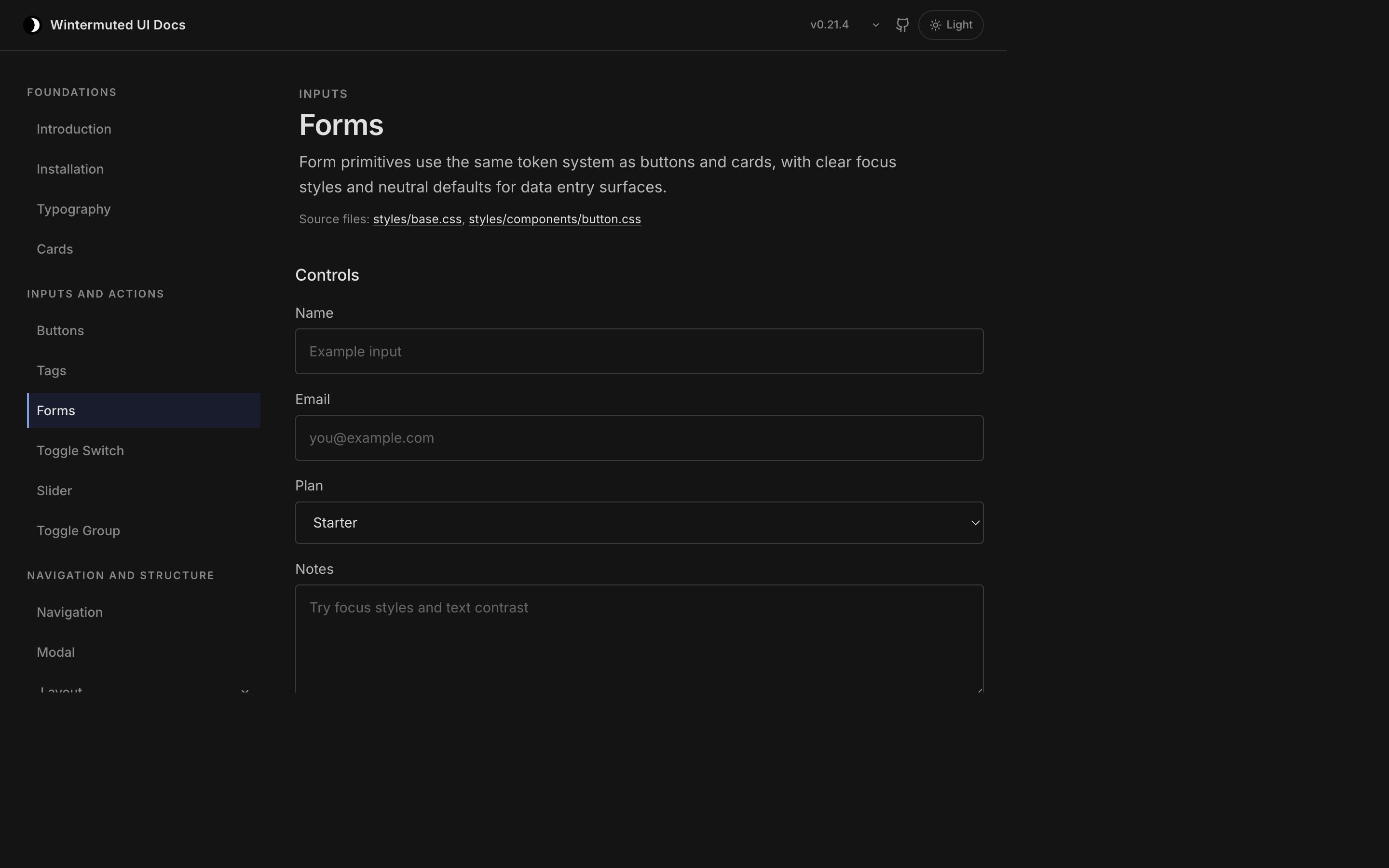 Wintermuted UI forms documentation page