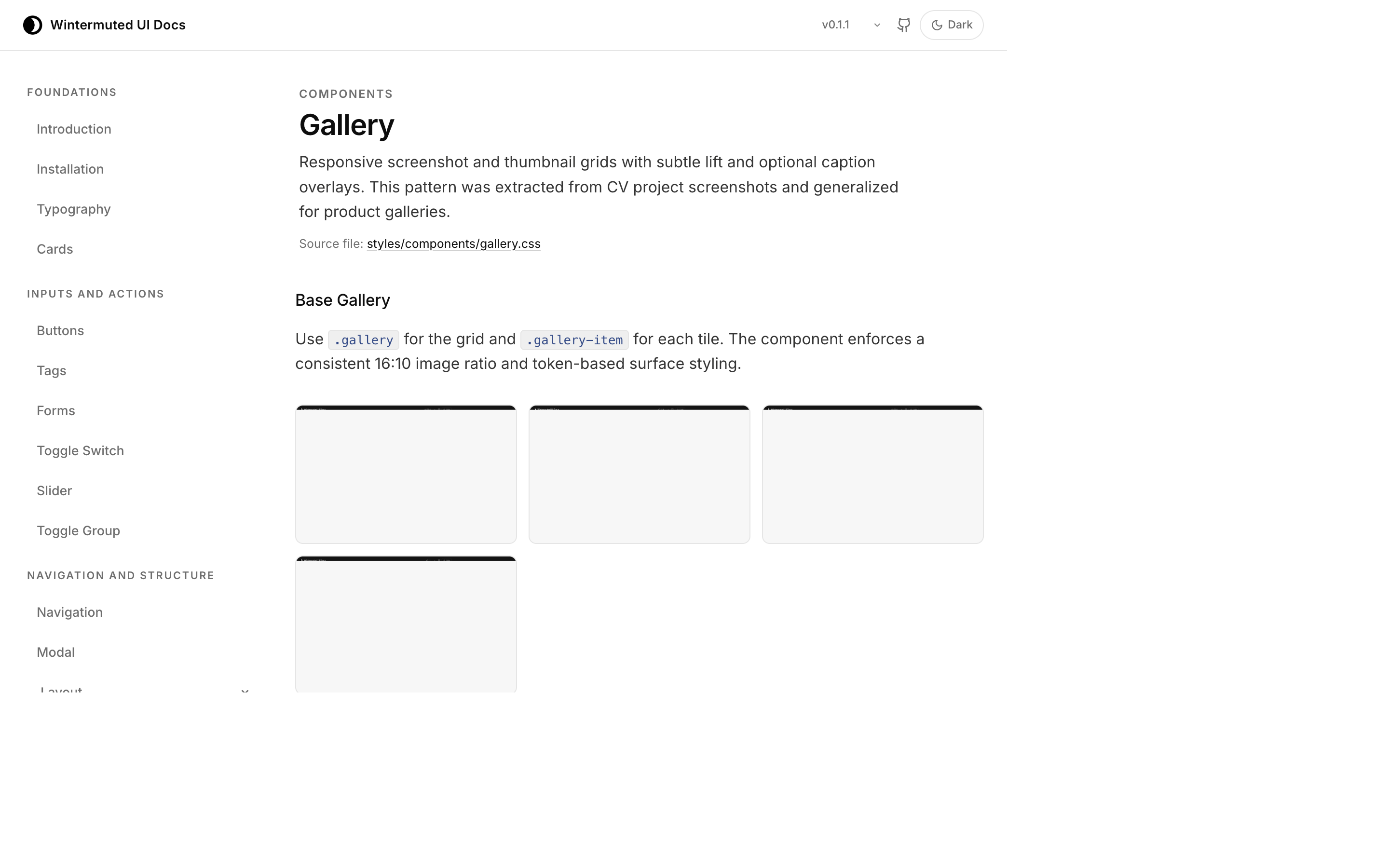 Wintermuted UI gallery documentation page