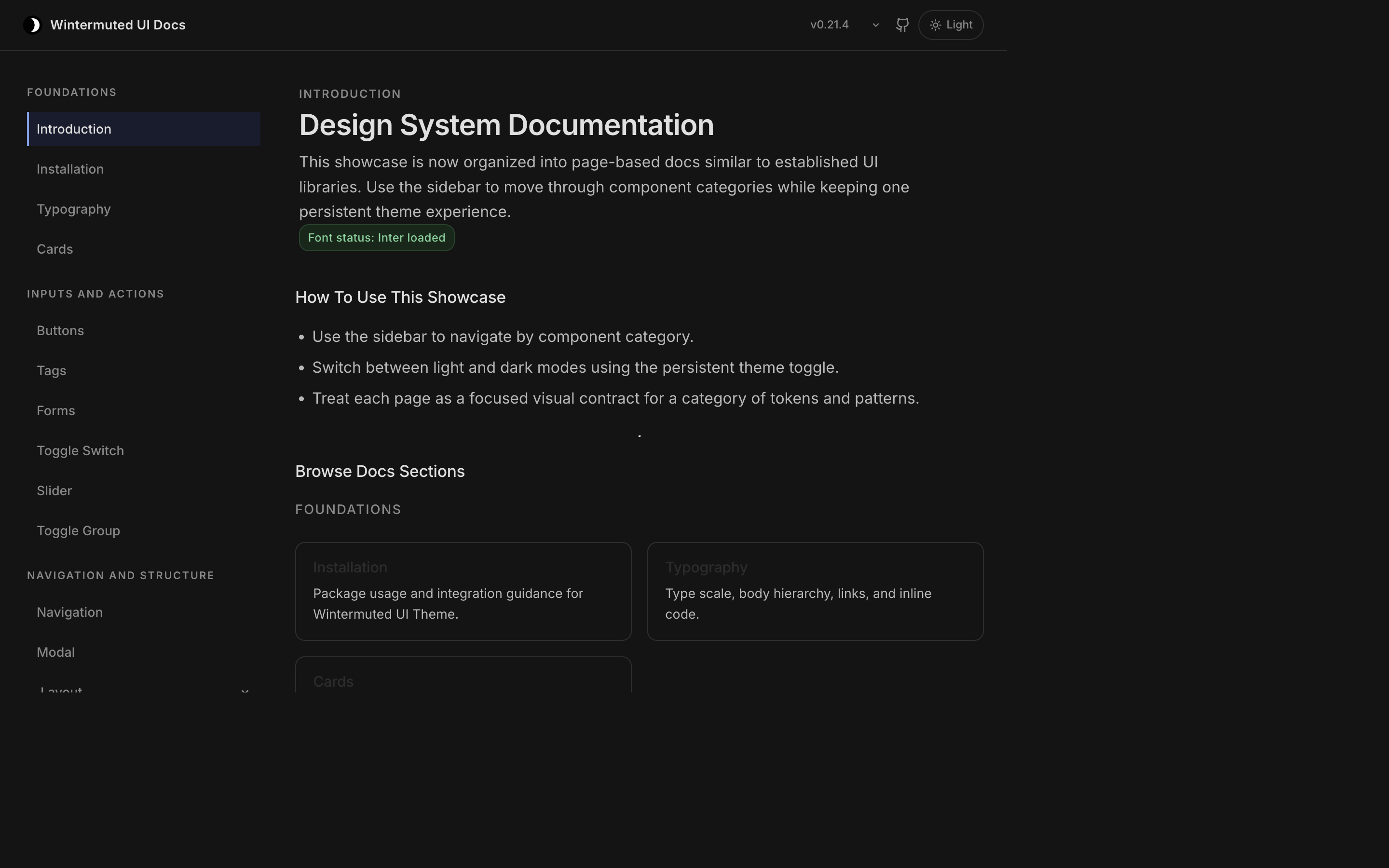 Wintermuted UI Theme docs home preview