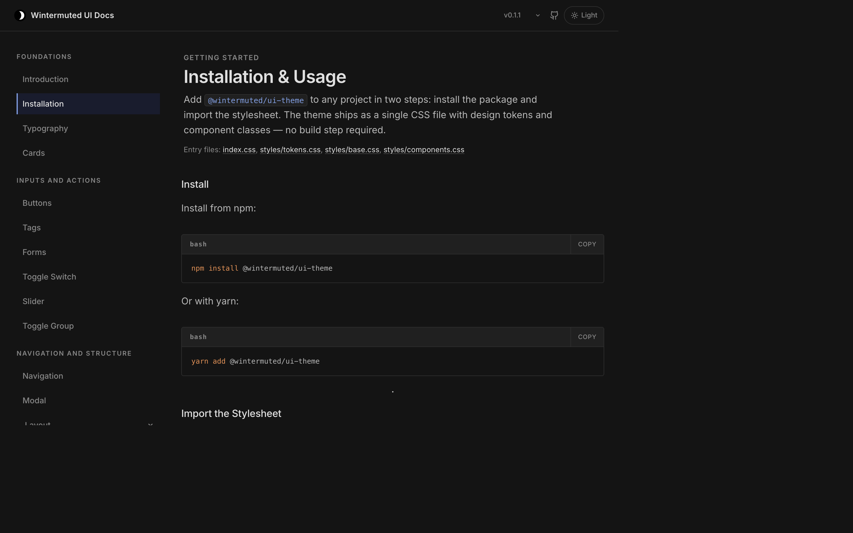 Wintermuted UI installation documentation page