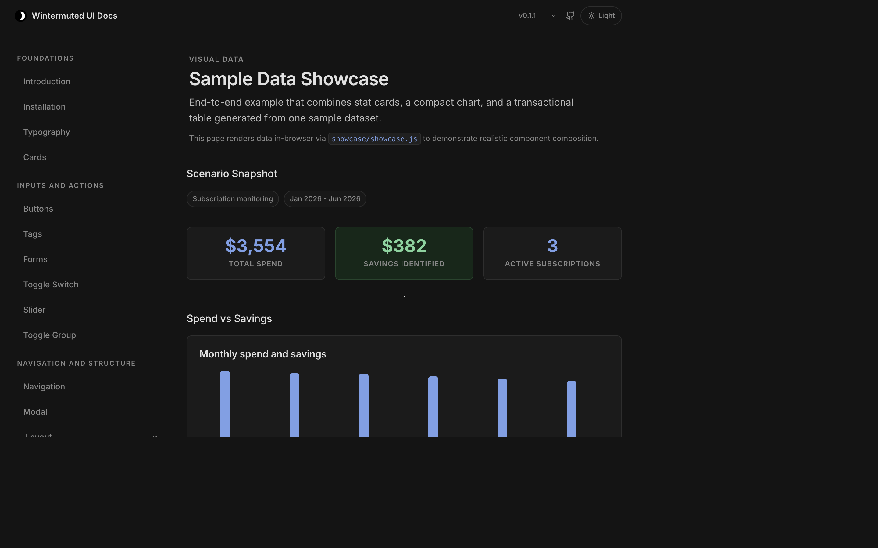 Wintermuted UI sample data showcase page